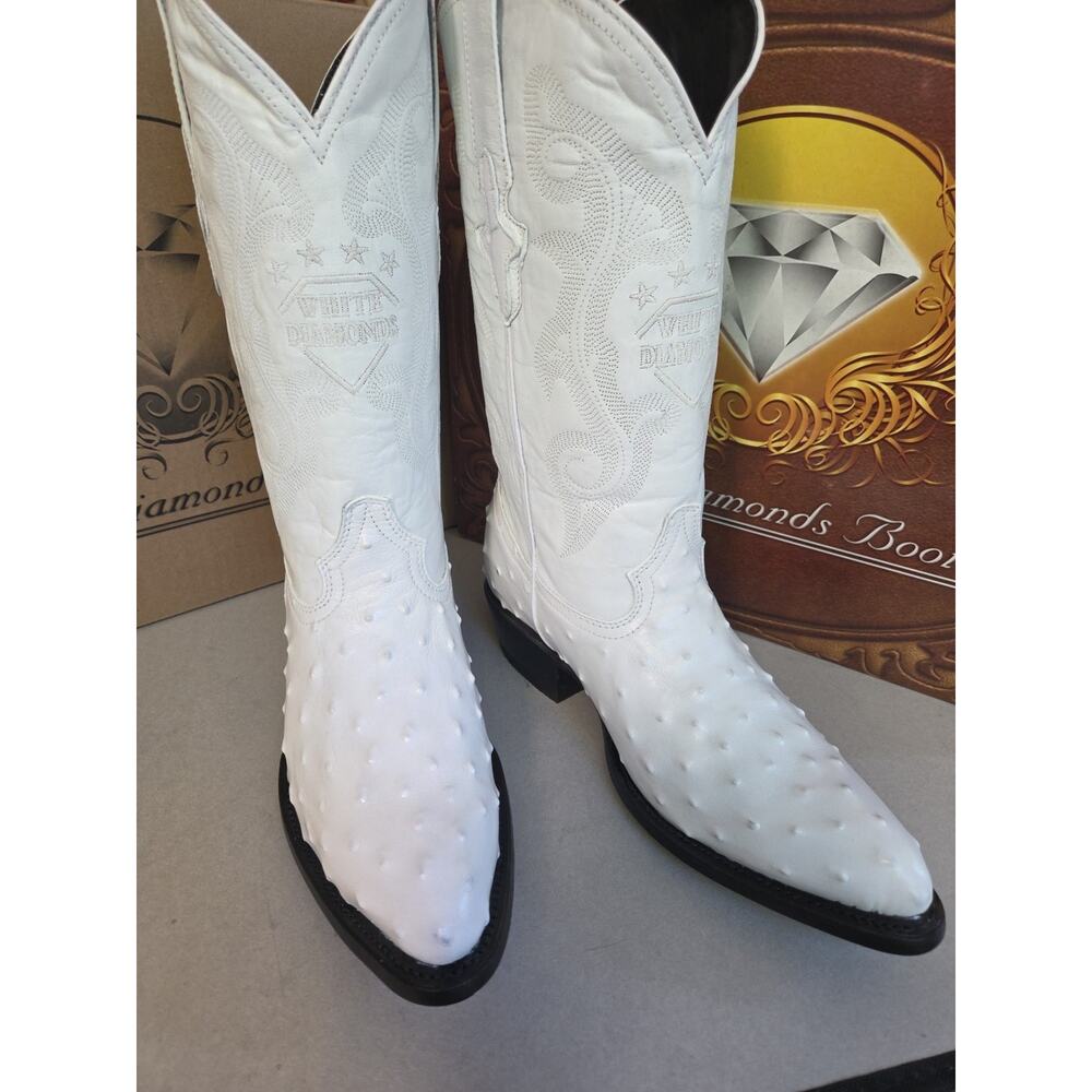 Men’s Genuine Leather Exotic Ostrich Print J-Toe Cowboy Western Boots White 10.5